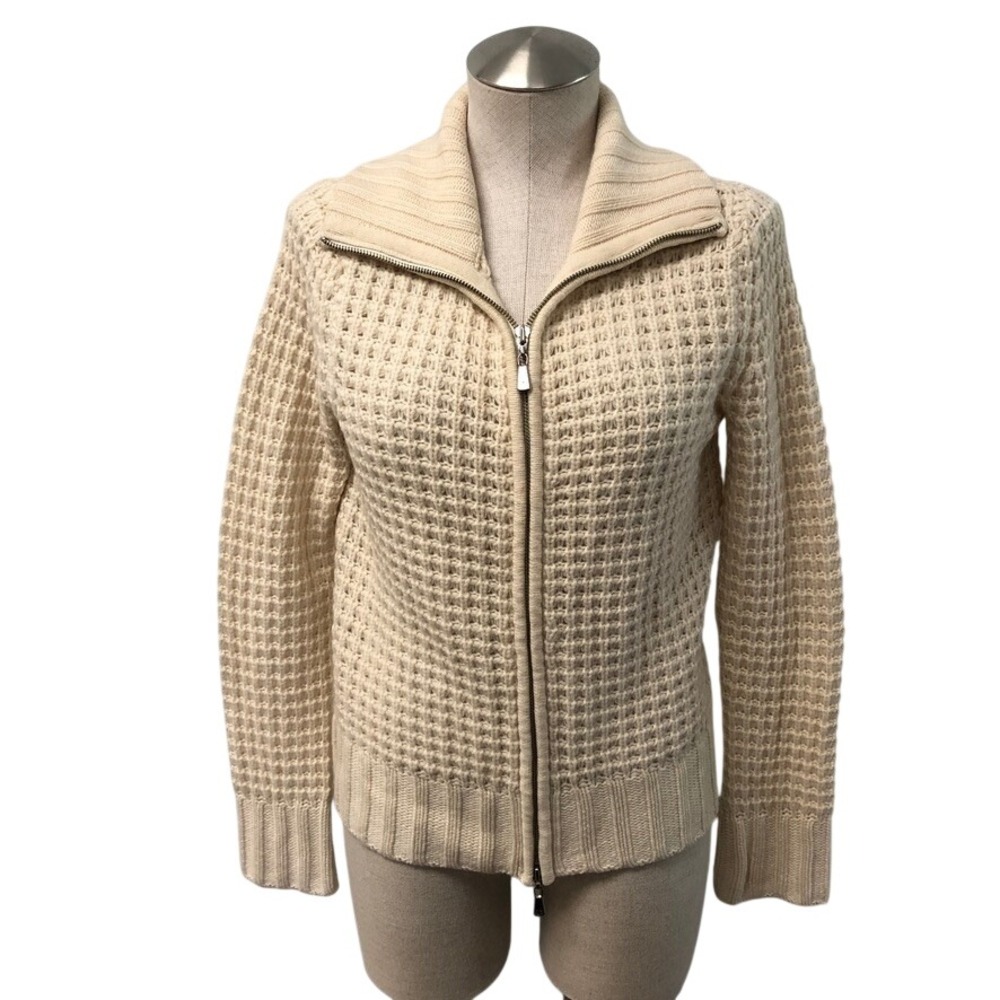 Brooks Brothers Full Zip Sweater Womens Medium Cream 100% Cashmere Waffle Knit